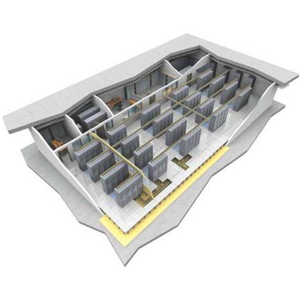 Data Center top View showing rack pods and raised flooring