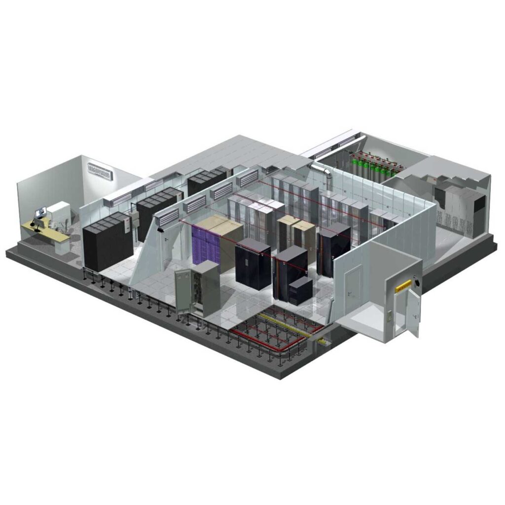 Data Center section view showing core component technologies. Data Center racks, DX and CX cooling, UPS systems, raised flooring